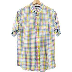 Bohio Linen Men's Printed Button-Up Shirt Top Plaid Primary Pink Blue Yellow M